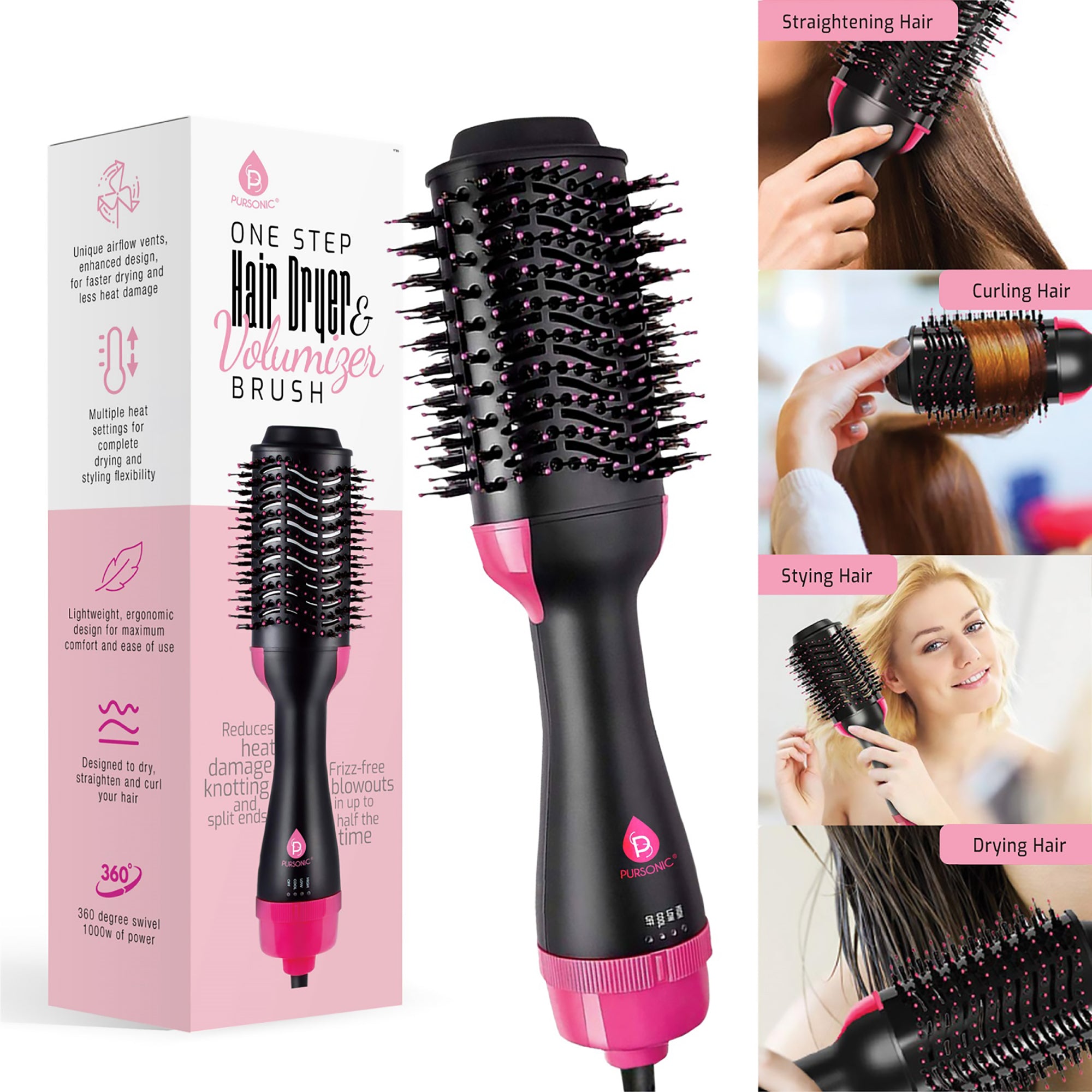 Pursonic One Step Hair Dryer & Volumizer Brush with ergonomic design and unique airflow vent for styling hair.