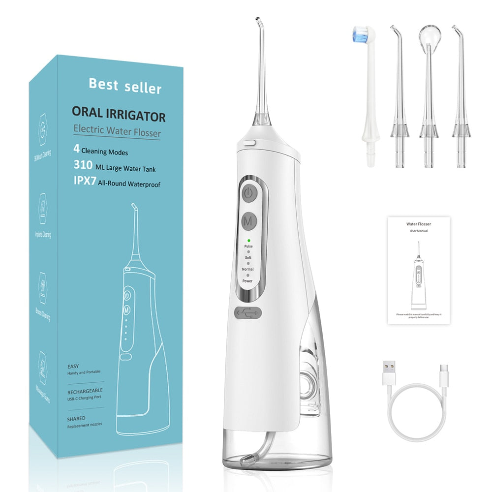Portable Oral Dental Irrigator Water Jet Flosser with USB charging, featuring a water tank and multiple nozzles for effective dental care.