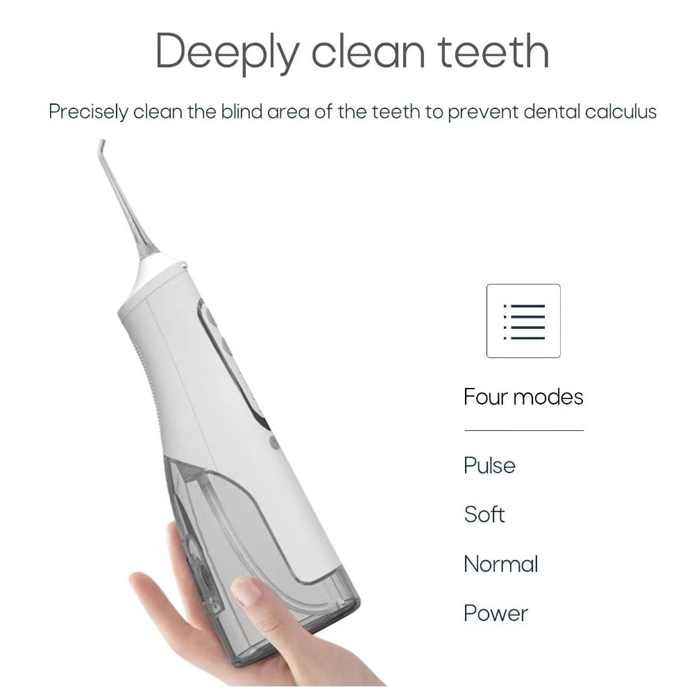 Portable Oral Dental Irrigator Water Jet Flosser with USB charging, featuring a water tank and multiple nozzles for effective dental care.