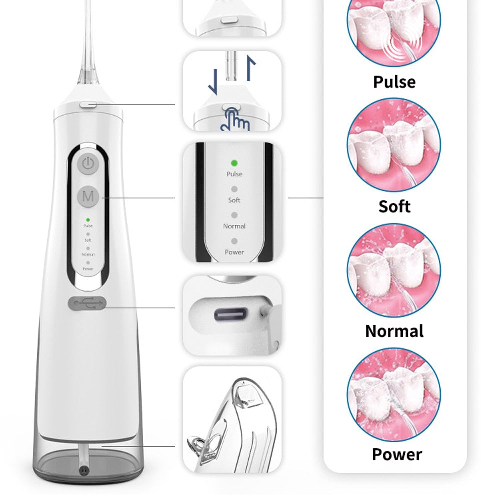 Portable Oral Dental Irrigator Water Jet Flosser with USB charging, featuring a water tank and multiple nozzles for effective dental care.