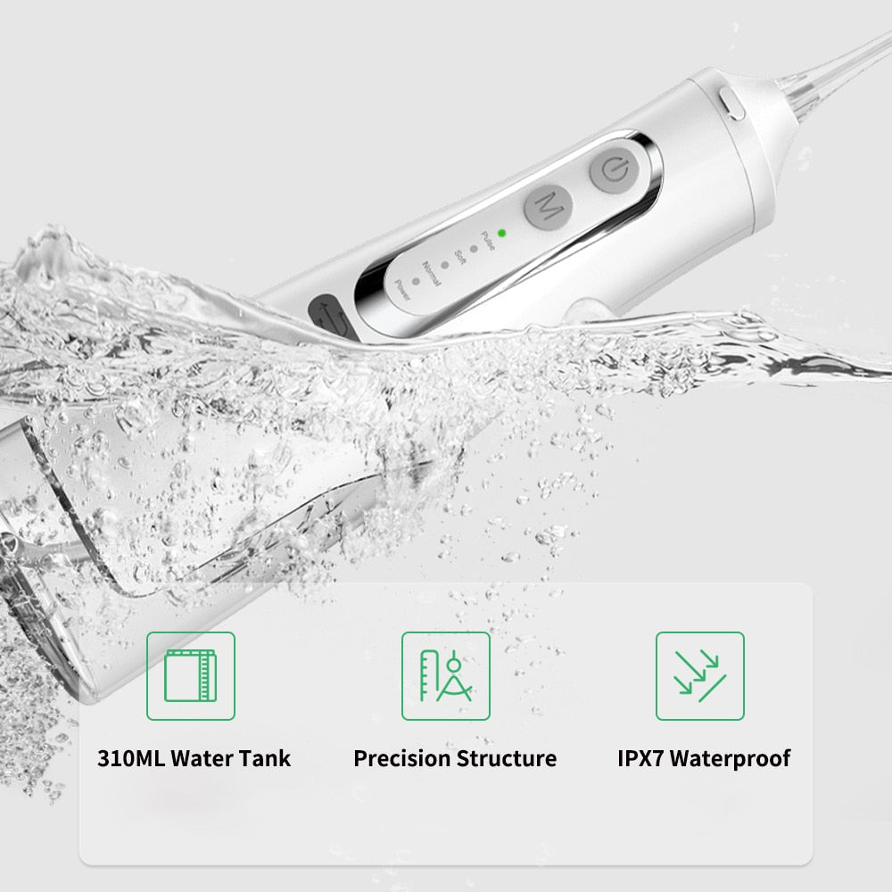 Portable Oral Dental Irrigator Water Jet Flosser with USB charging, featuring a water tank and multiple nozzles for effective dental care.
