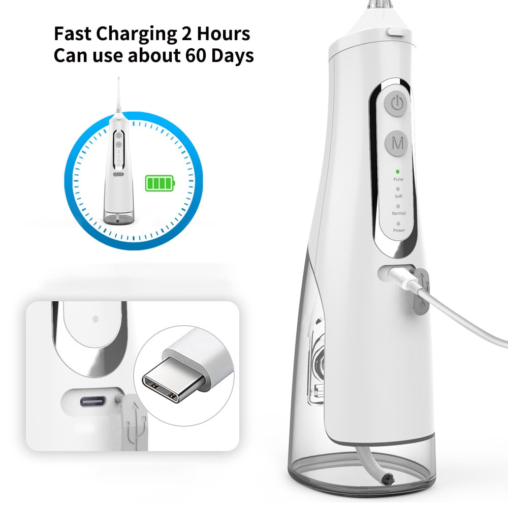 Portable Oral Dental Irrigator Water Jet Flosser with USB charging, featuring a water tank and multiple nozzles for effective dental care.