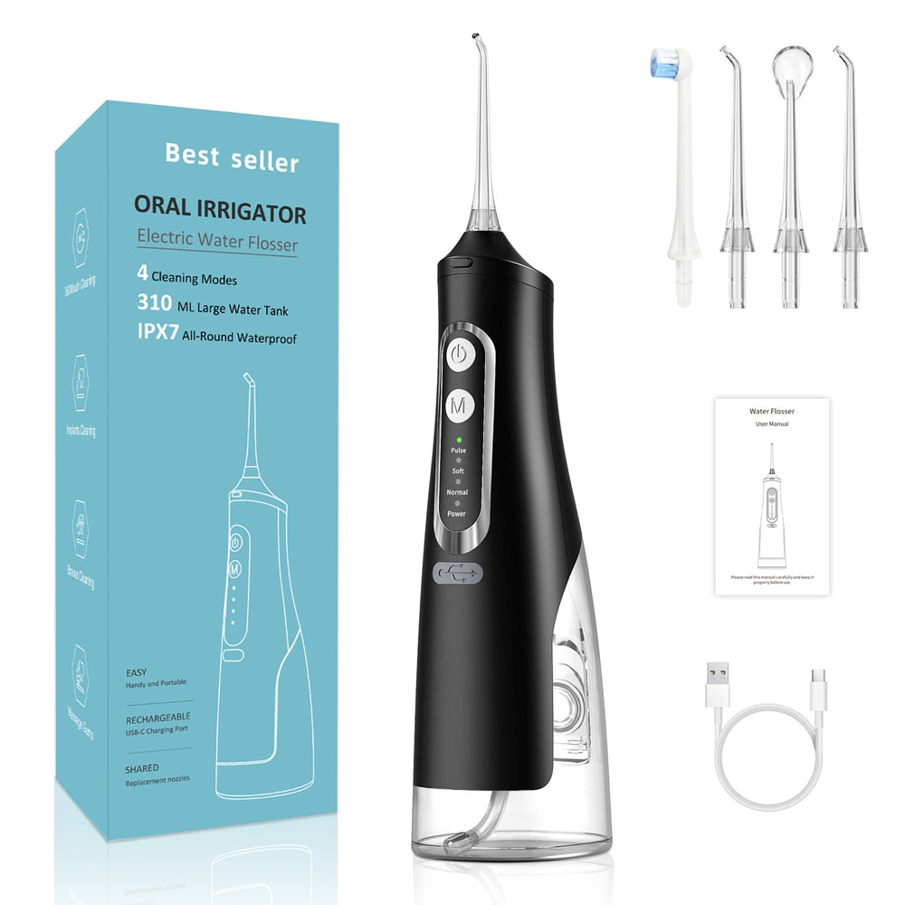 Portable Oral Dental Irrigator Water Jet Flosser with USB charging, featuring a water tank and multiple nozzles for effective dental care.