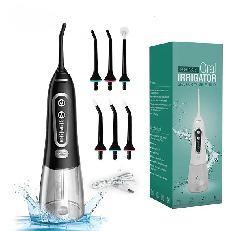 Portable USB rechargeable oral irrigator with five modes and high-quality design for effective dental care.