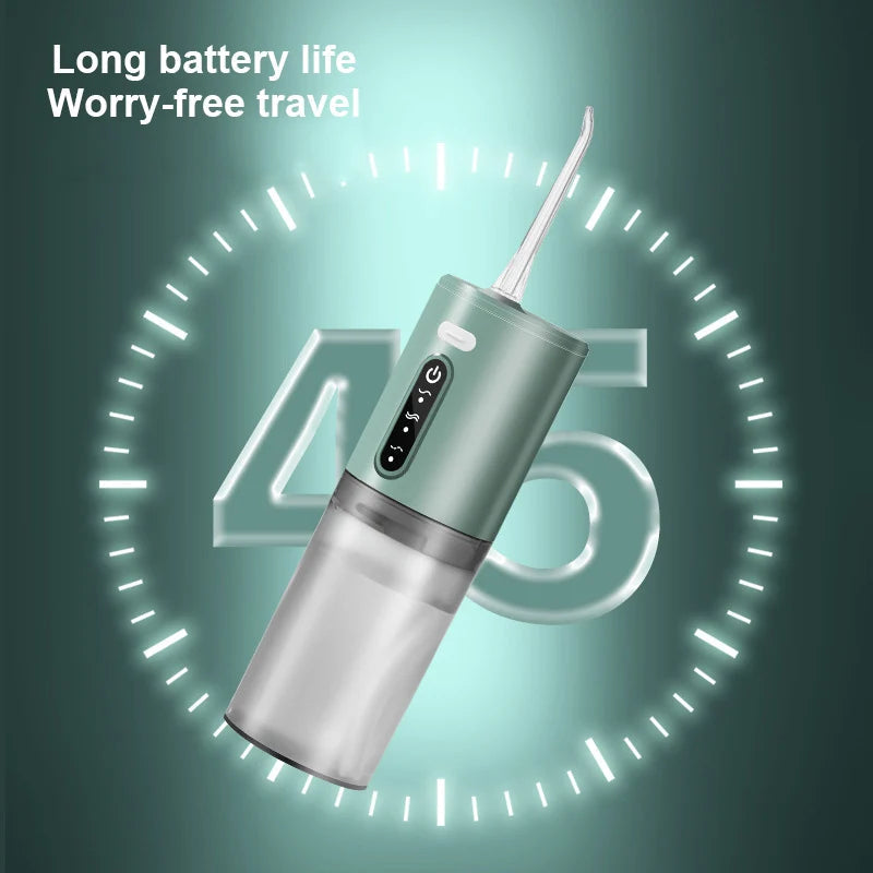 Portable oral irrigator with IPX7 waterproof design and three cleaning modes for effective teeth cleaning.
