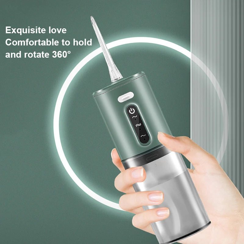 Portable oral irrigator with IPX7 waterproof design and three cleaning modes for effective teeth cleaning.