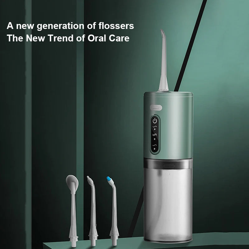 Portable oral irrigator with IPX7 waterproof design and three cleaning modes for effective teeth cleaning.