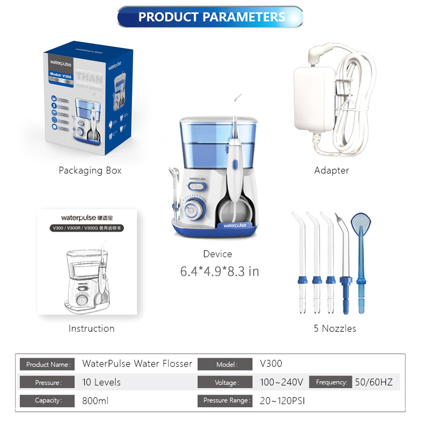 Oral Irrigator Teeth Water Flosser with 800ml reservoir, showcasing adjustable pressure settings and multifunctional nozzles.