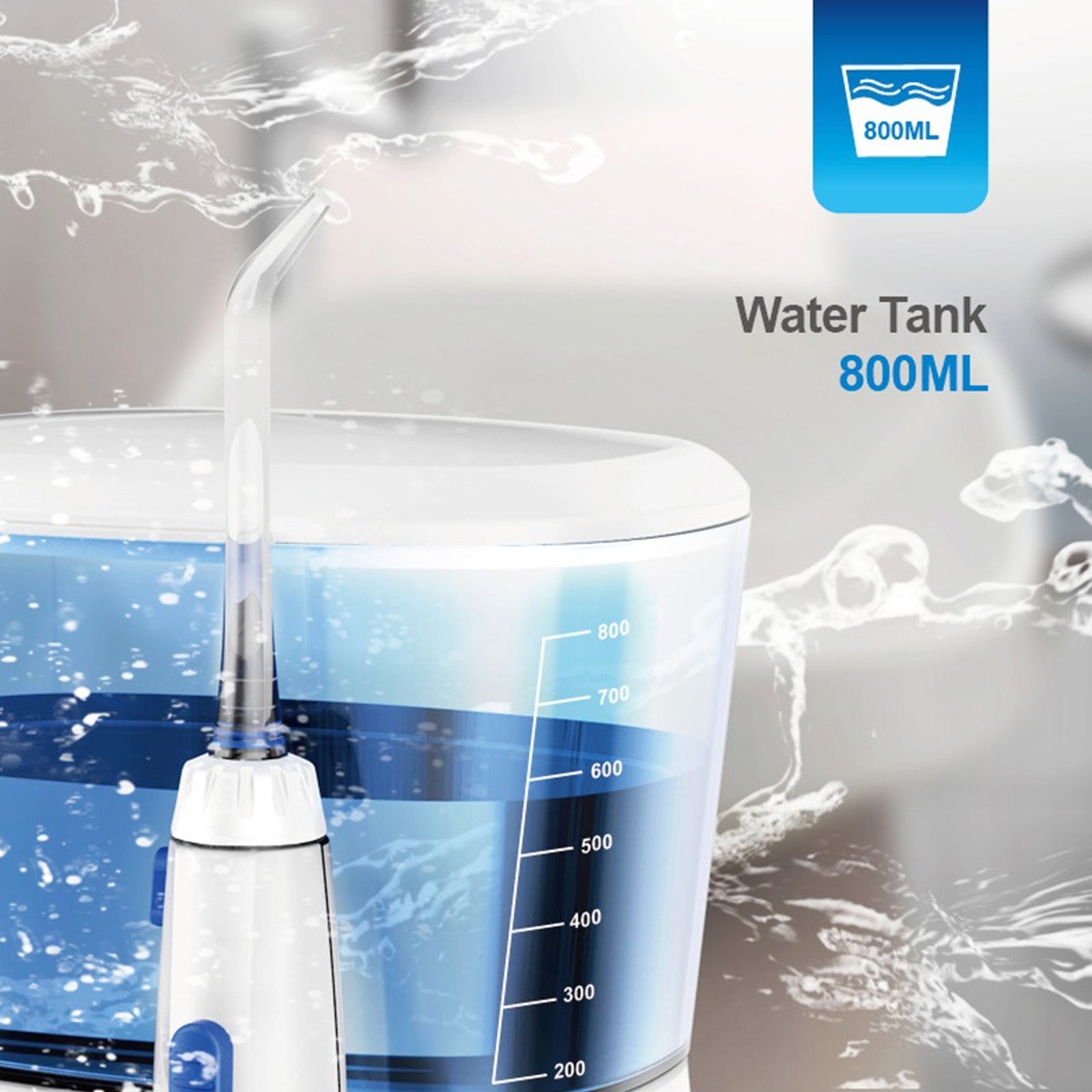 Oral Irrigator Teeth Water Flosser with 800ml reservoir, showcasing adjustable pressure settings and multifunctional nozzles.