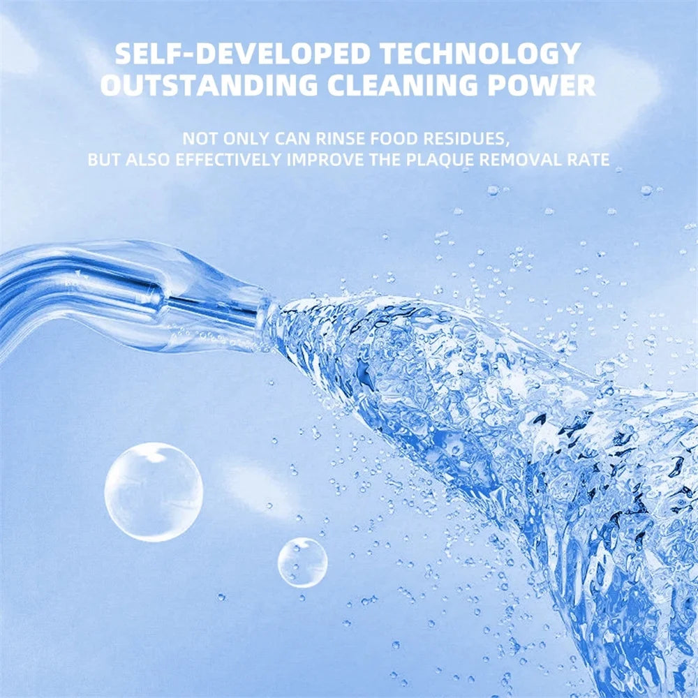 Portable USB rechargeable oral irrigator with a sleek design, featuring a large water tank and adjustable modes for effective dental cleaning.