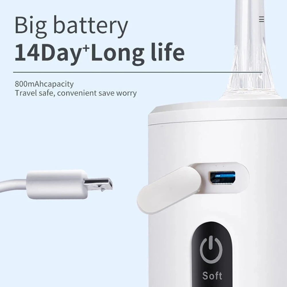 Portable USB rechargeable oral irrigator with a sleek design, featuring a large water tank and adjustable modes for effective dental cleaning.