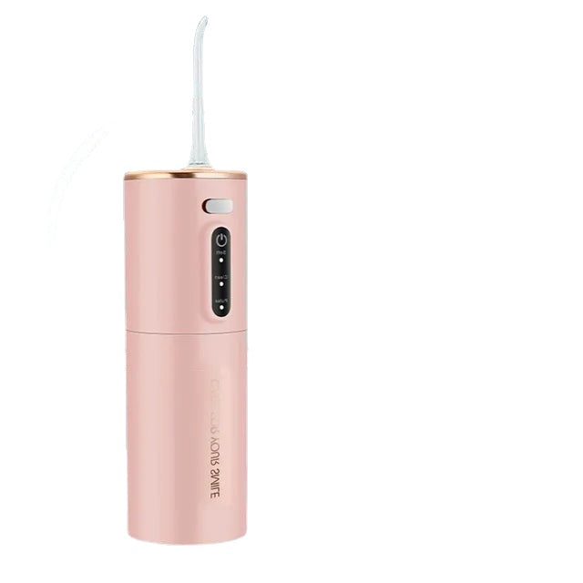 Portable USB rechargeable oral irrigator with a sleek design, featuring a large water tank and adjustable modes for effective dental cleaning.