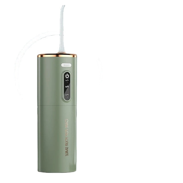 Portable USB rechargeable oral irrigator with a sleek design, featuring a large water tank and adjustable modes for effective dental cleaning.