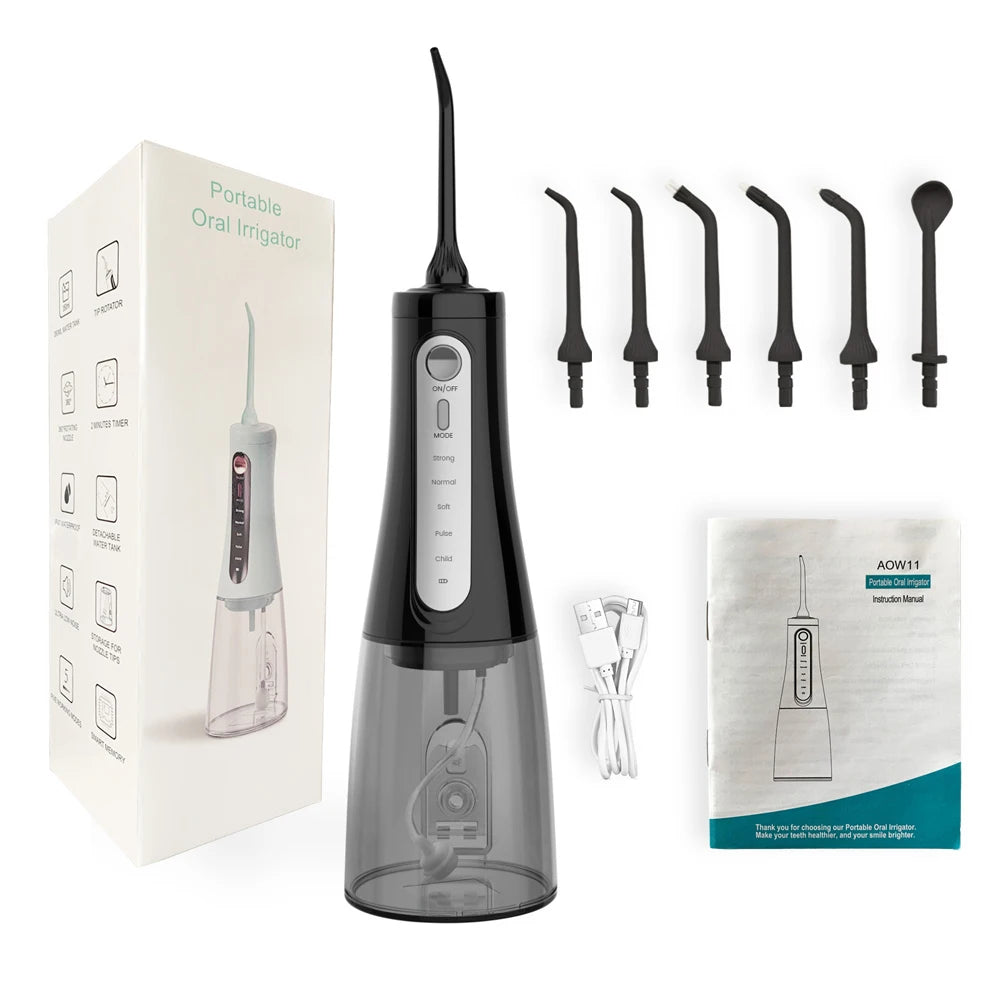 Portable USB rechargeable water flosser with multiple nozzles and a large water tank for effective dental cleaning.