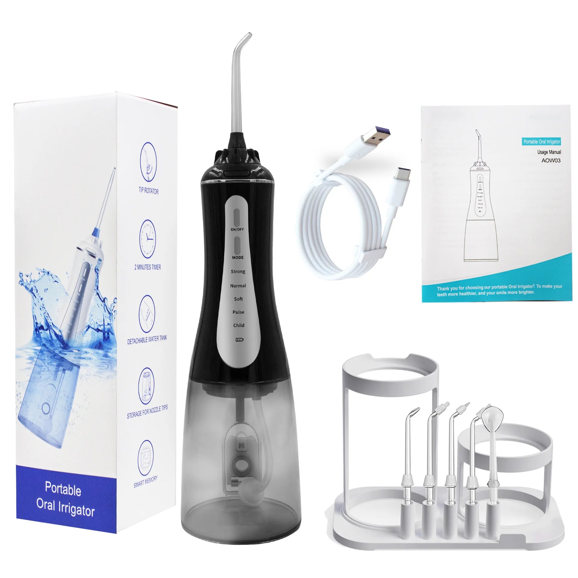 Portable Oral Irrigator Water Flosser with 5 modes and 350ML water tank, showcasing its sleek design and included nozzles.
