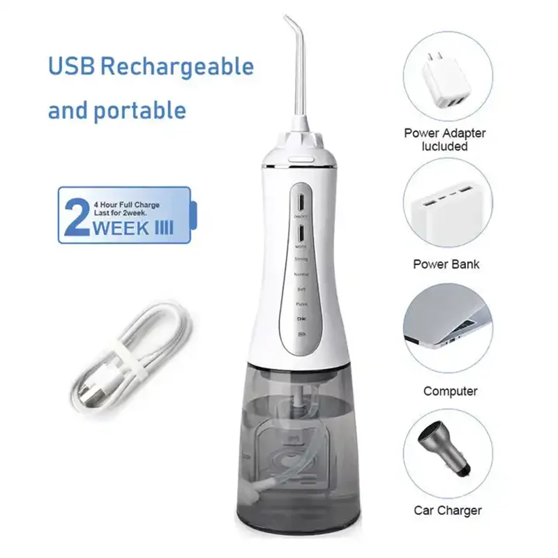 Portable Oral Irrigator Water Flosser with 5 modes and 350ML water tank, showcasing its sleek design and included nozzles.