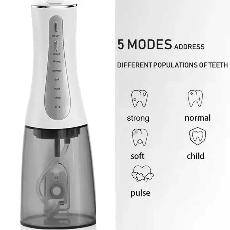 Portable Oral Irrigator Water Flosser with 5 modes and 350ML water tank, showcasing its sleek design and included nozzles.