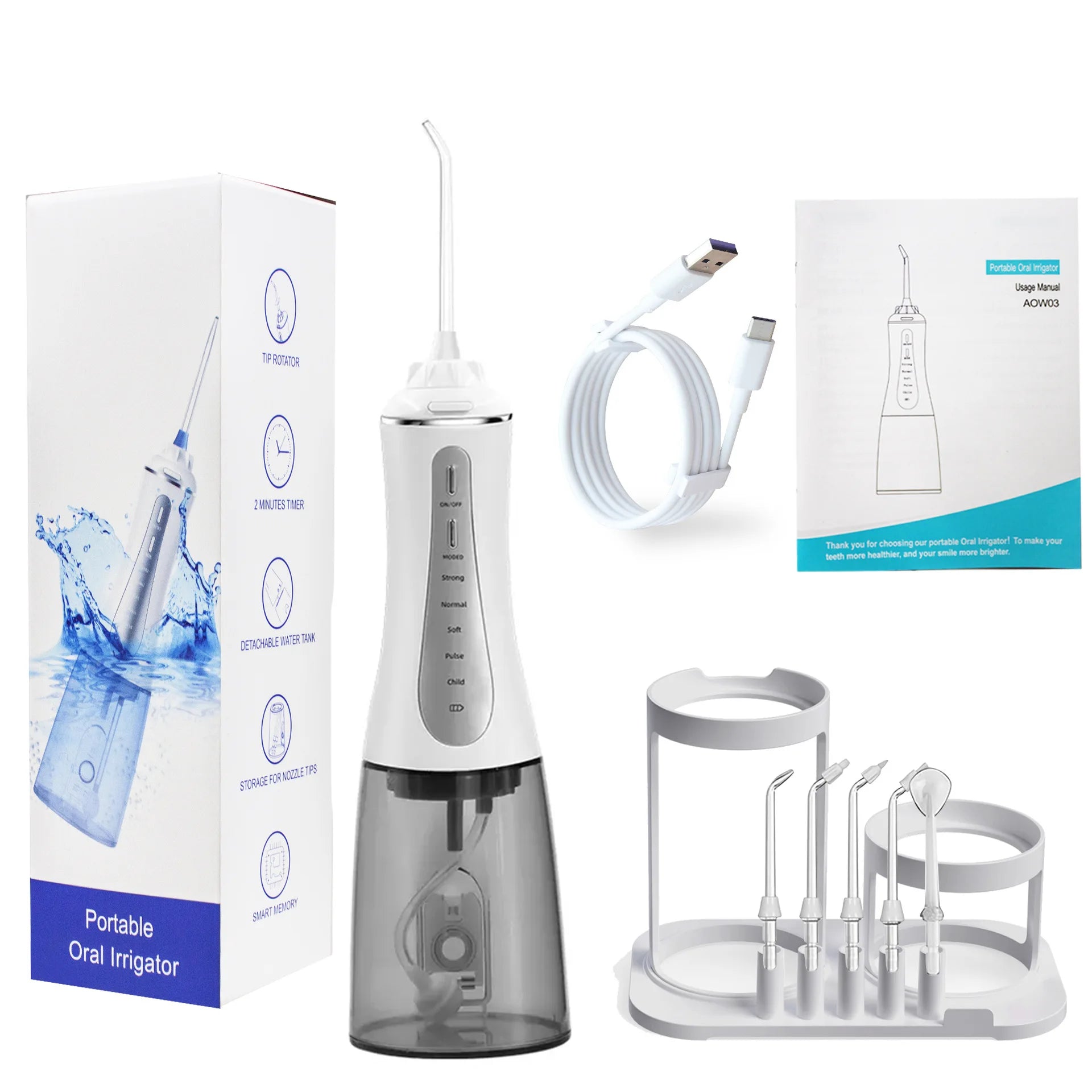 Portable Oral Irrigator Water Flosser with 5 modes and 350ML water tank, showcasing its sleek design and included nozzles.