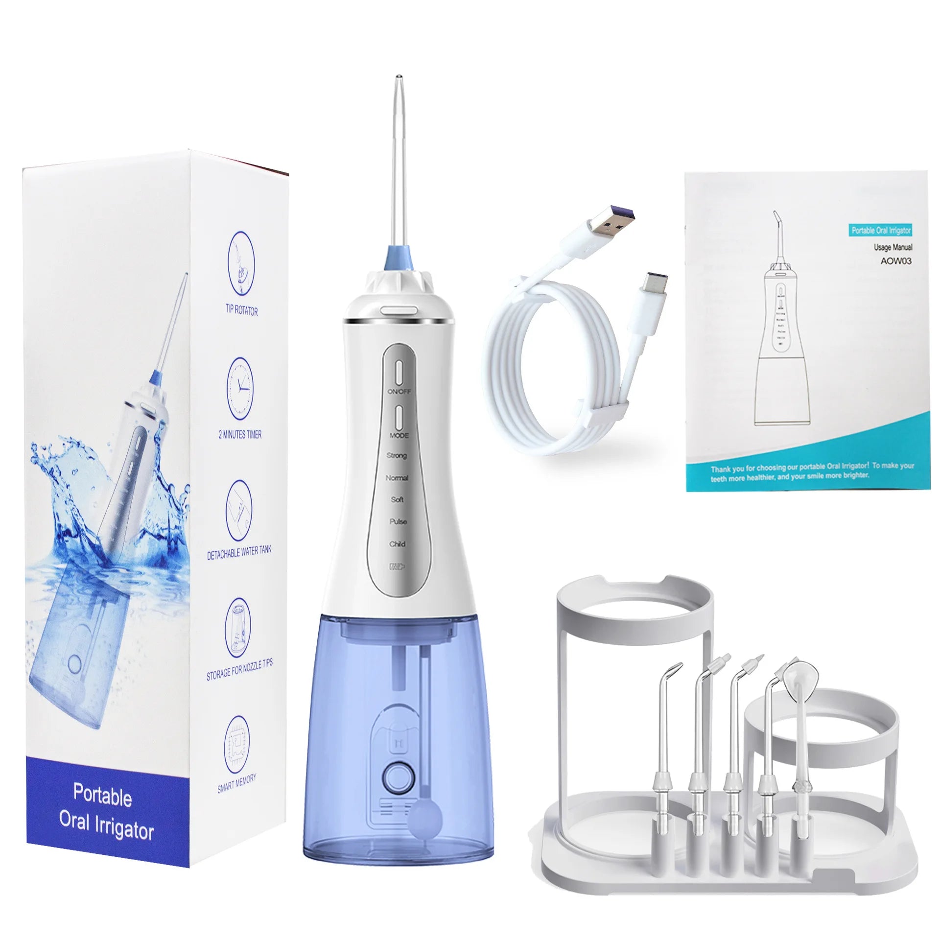 Portable Oral Irrigator Water Flosser with 5 modes and 350ML water tank, showcasing its sleek design and included nozzles.