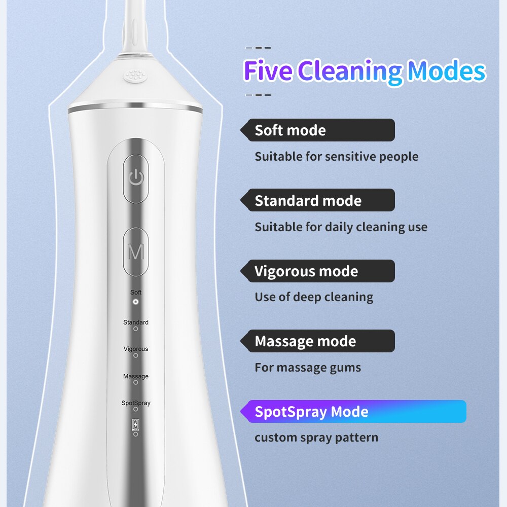 Portable Oral Irrigator Wireless Teeth Flusher with multiple nozzles and USB charging cable, designed for effective dental cleaning.