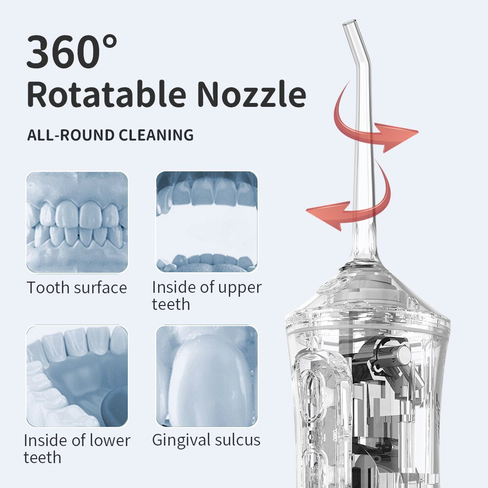 Portable Oral Irrigator Wireless Teeth Flusher with multiple nozzles and USB charging cable, designed for effective dental cleaning.