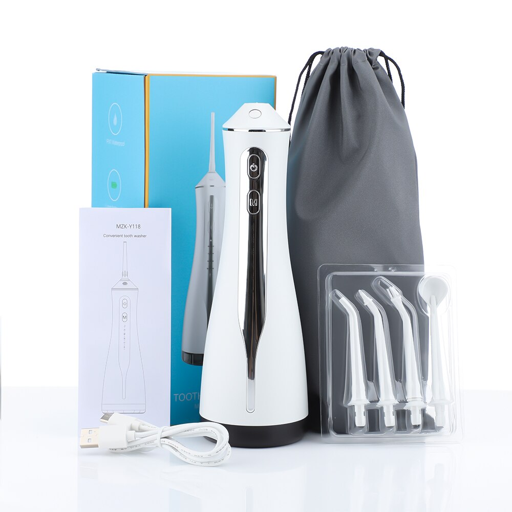 Portable Oral Irrigator Wireless Teeth Flusher with multiple nozzles and USB charging cable, designed for effective dental cleaning.