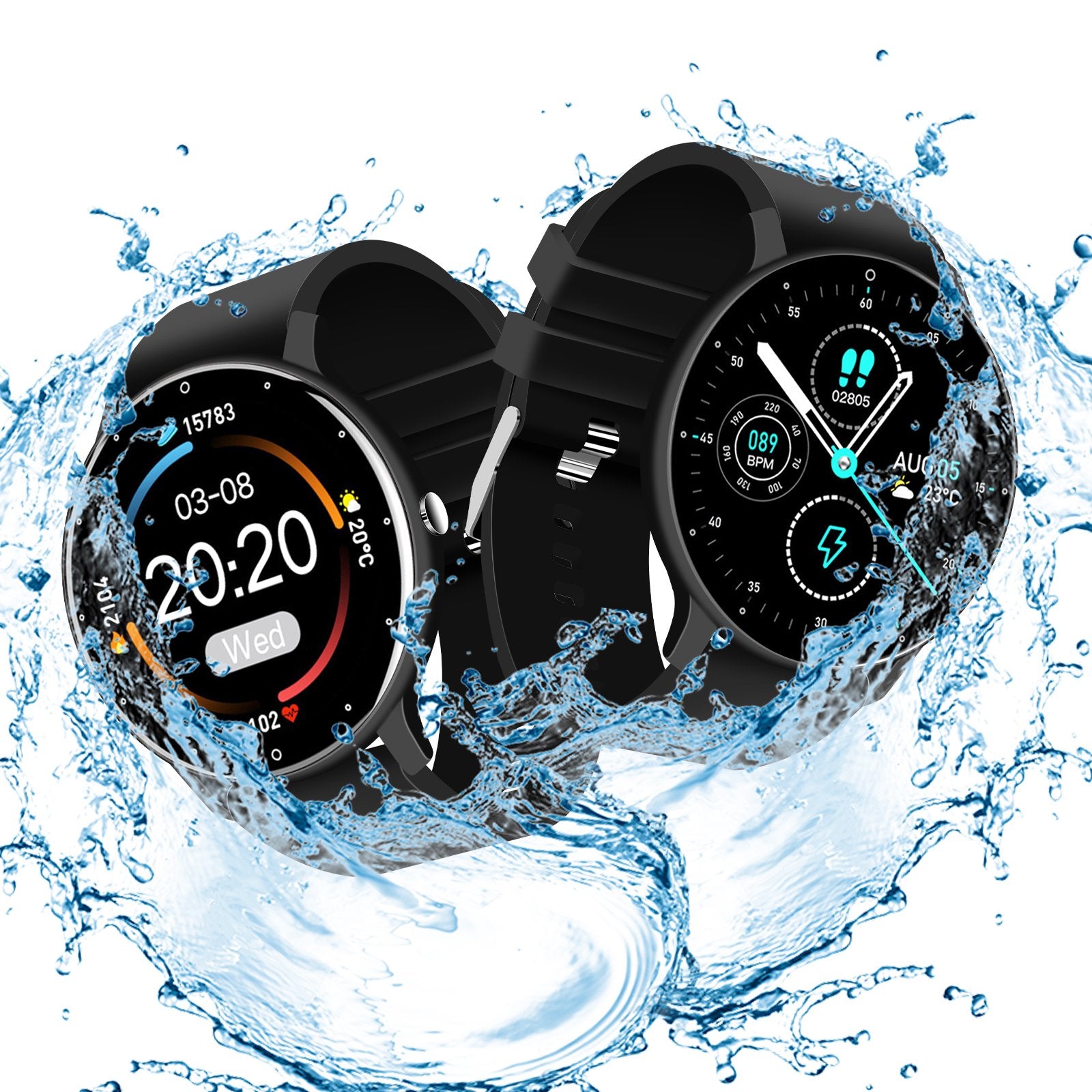 P67 Waterproof Smart Bluetooth Watch with a colorful touch screen, showcasing various watch faces and features.