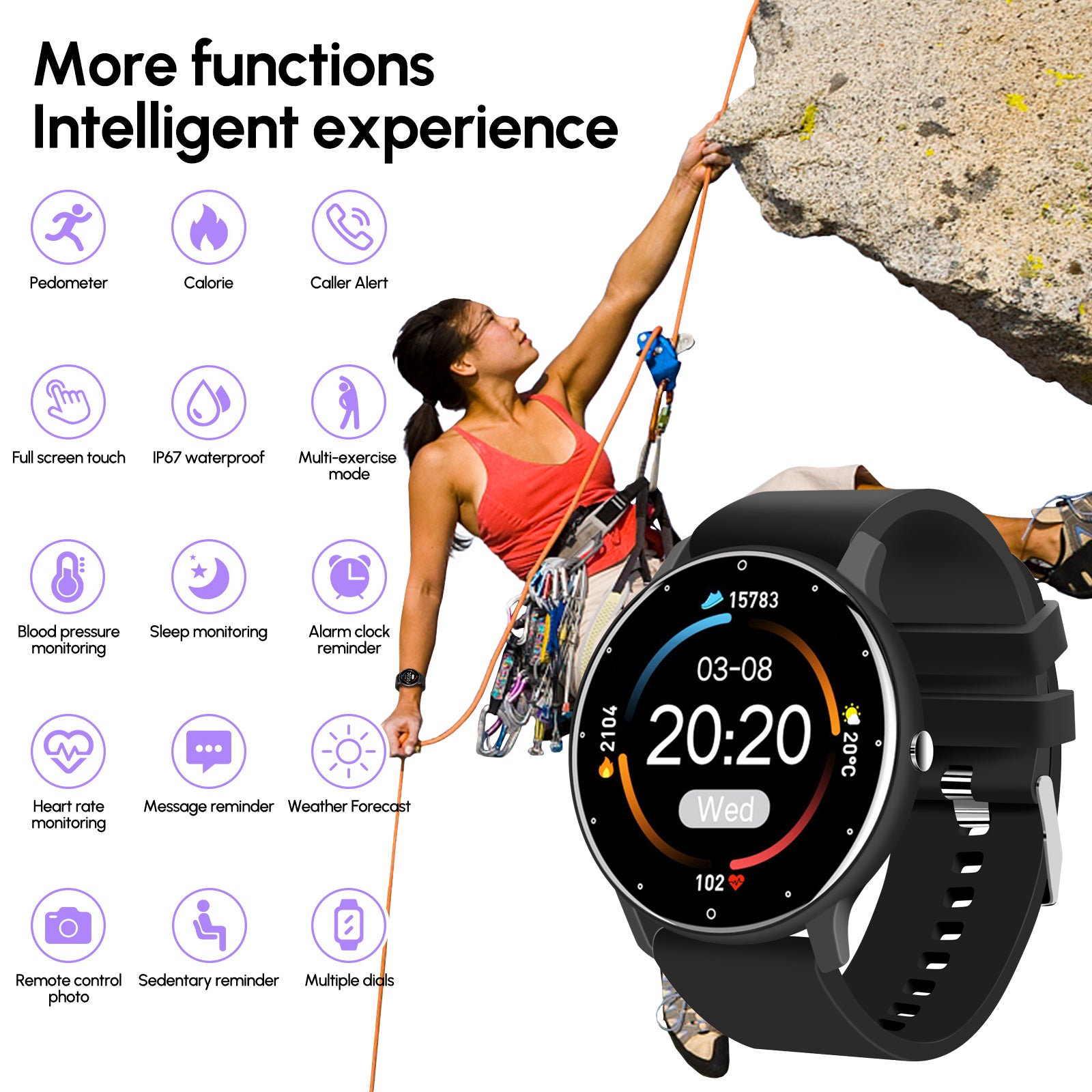 P67 Waterproof Smart Bluetooth Watch with a colorful touch screen, showcasing various watch faces and features.