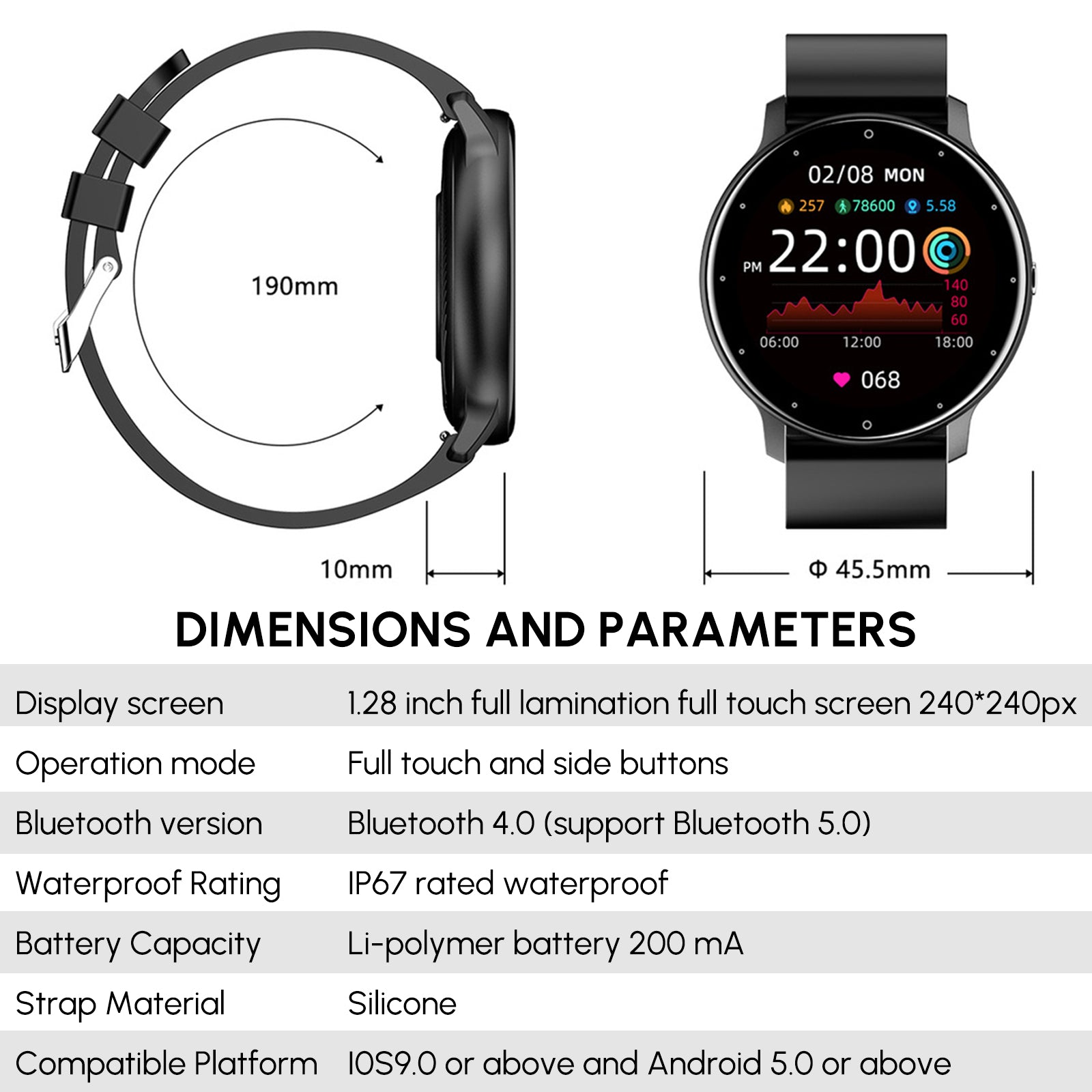 P67 Waterproof Smart Bluetooth Watch with a colorful touch screen, showcasing various watch faces and features.