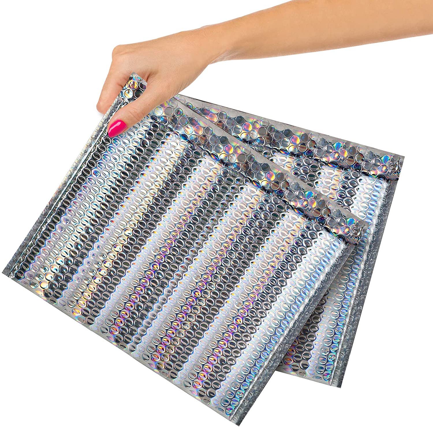 Holographic bubble mailer envelopes.