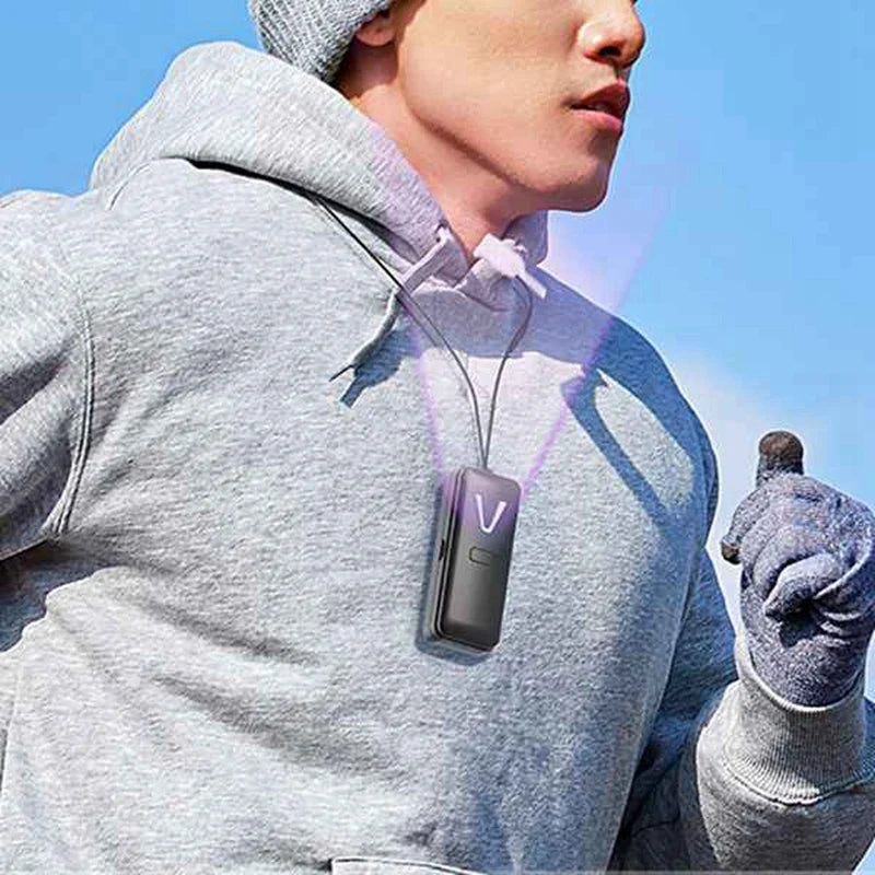 Personal Wearable Air Purifier Necklace in a stylish design, showcasing its compact size and portable features.