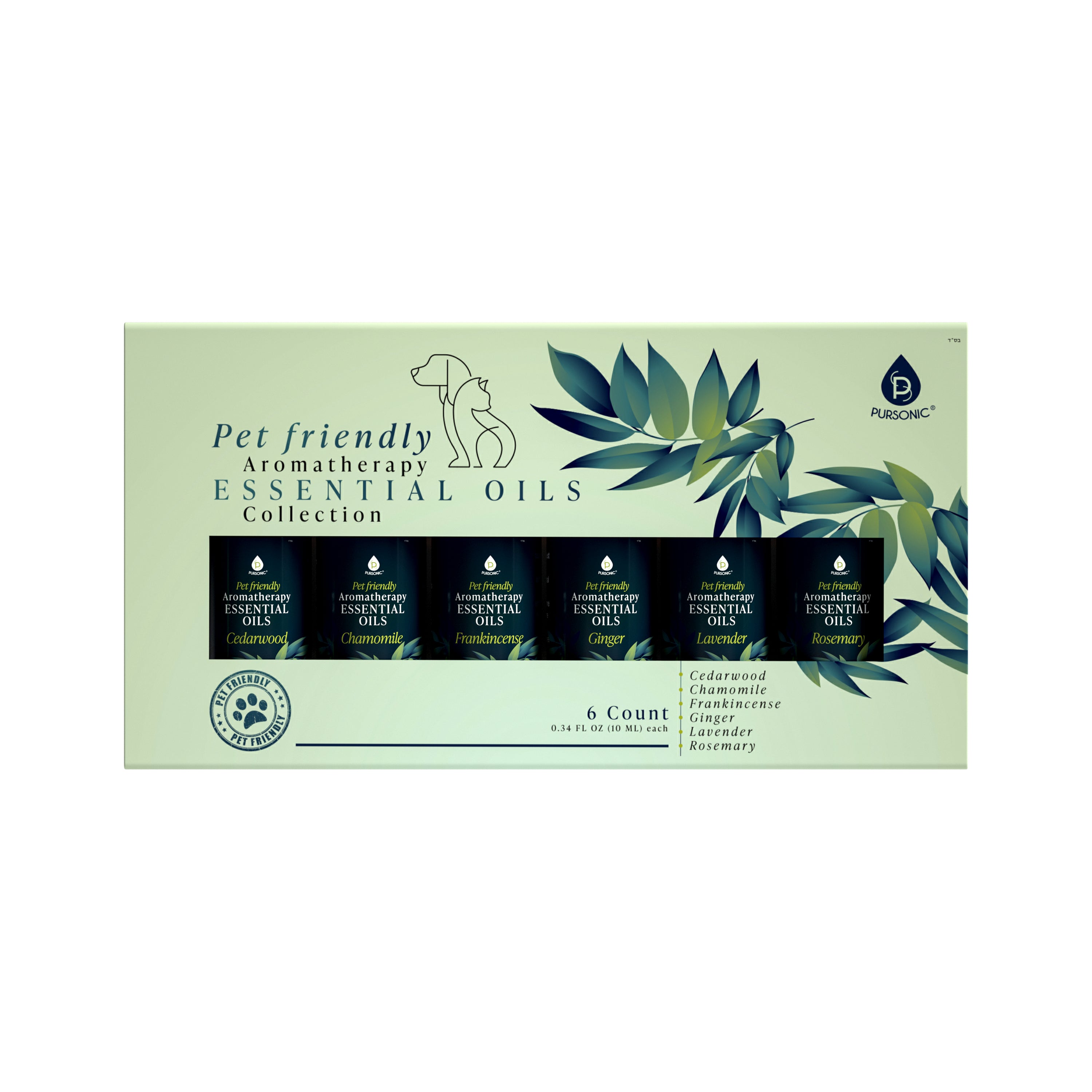 Aromatic essential oils in six bottles, designed for pet wellness, featuring cedarwood, chamomile, frankincense, ginger, lavender, and rosemary.