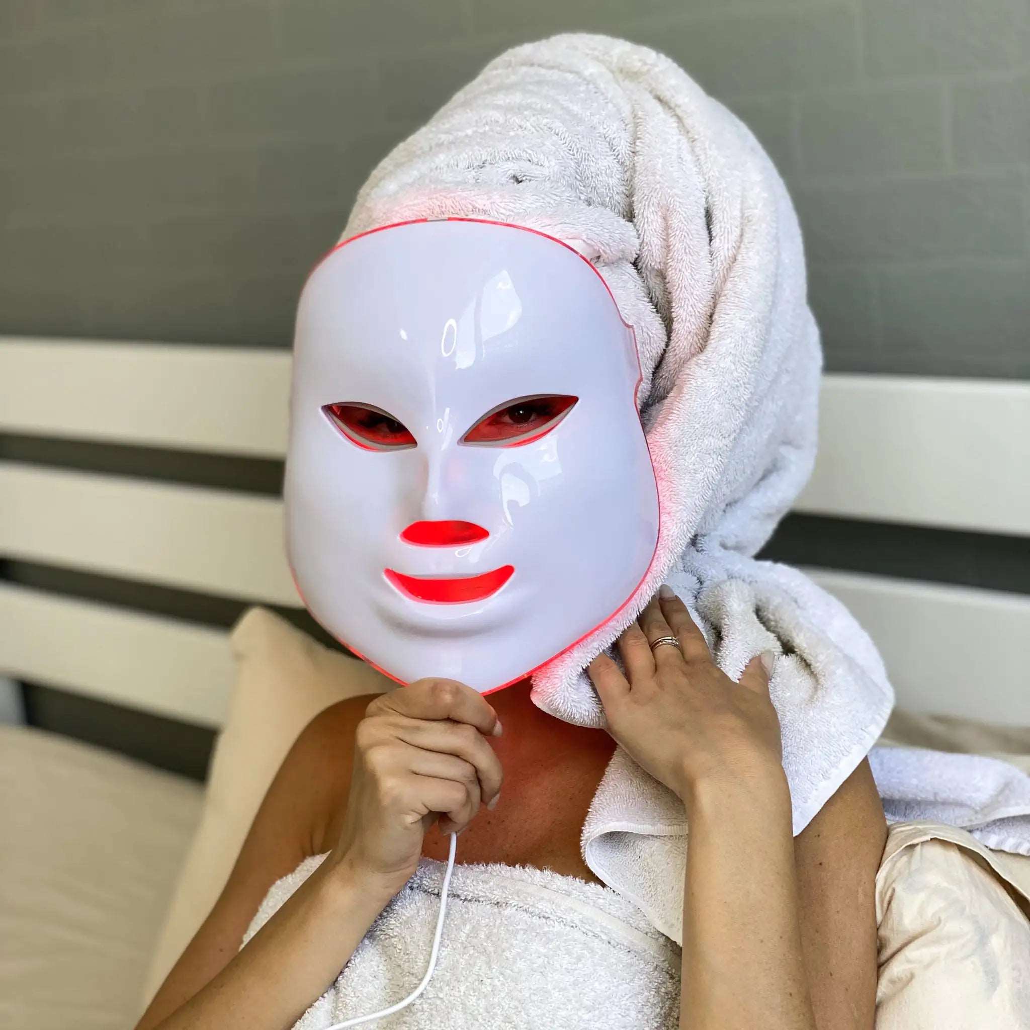 Radiance Skincare Photon Therapy Mask, a sleek, battery-powered LED device designed for skin rejuvenation and treatment.
