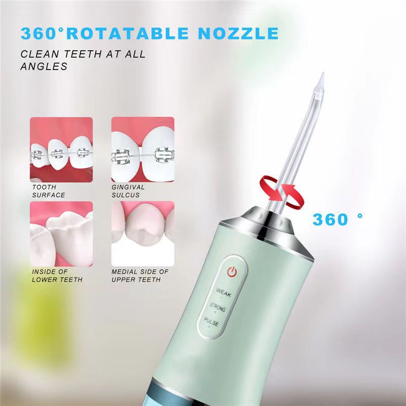 Portable Dental Irrigator Water Jet Flosser in white color with USB charging port and three mode settings, designed for effective oral hygiene.