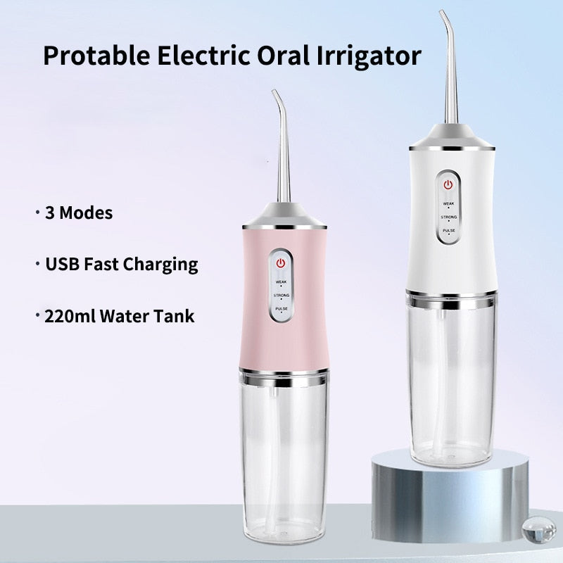 Portable Dental Irrigator Water Jet Flosser in white color with USB charging port and three mode settings, designed for effective oral hygiene.