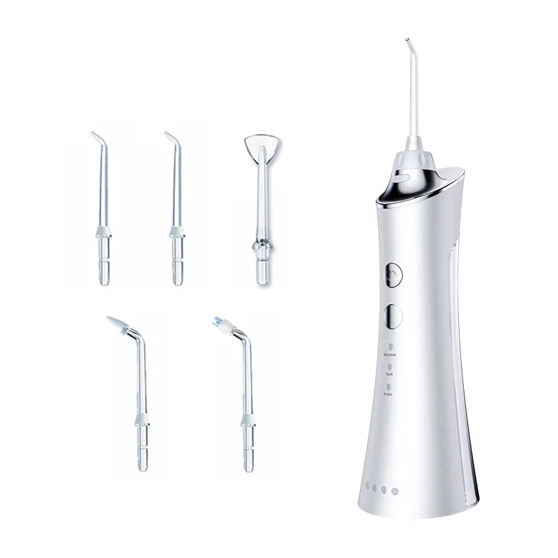 Portable Electric Oral Irrigator in white, pink, and blue colors, showcasing its sleek design and multiple nozzles for dental care.