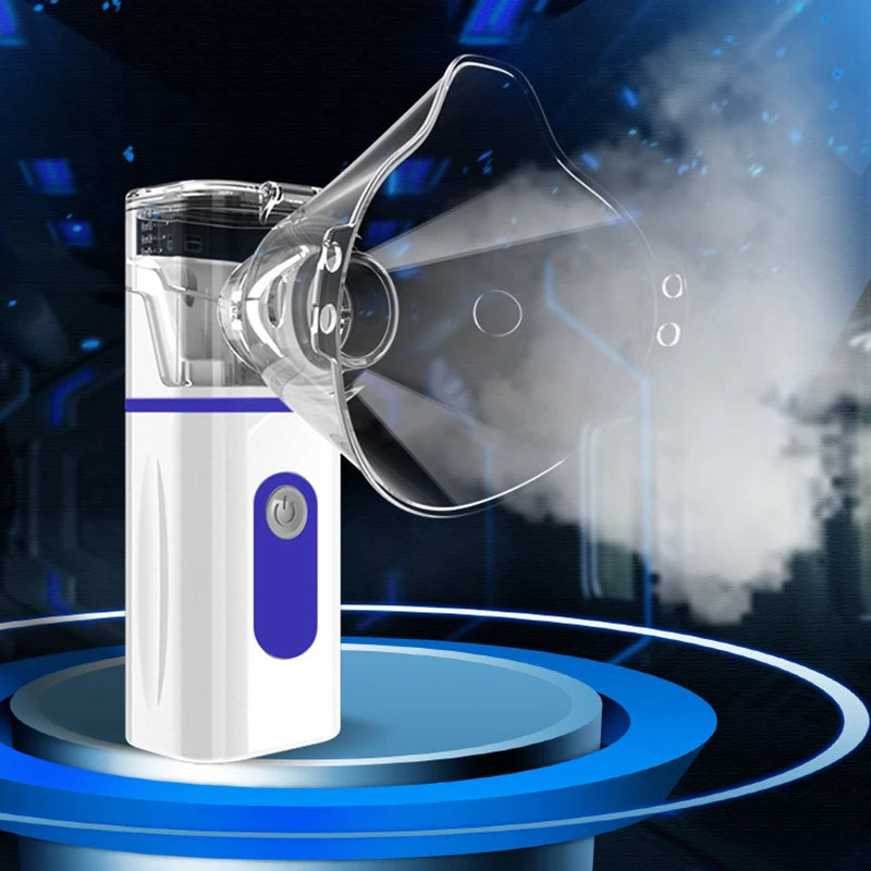 Portable Hand-held Micro Mesh Atomizer with adult and children's masks, USB cable, and suction nozzle, showcasing its compact design.