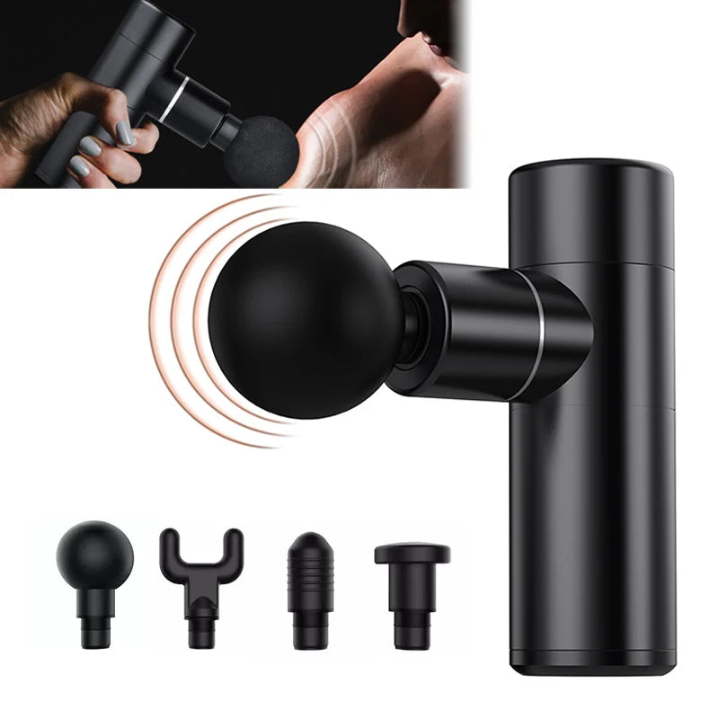 Portable Mini Fascia Gun with four massage heads and USB charger, designed for neck and back muscle relief.