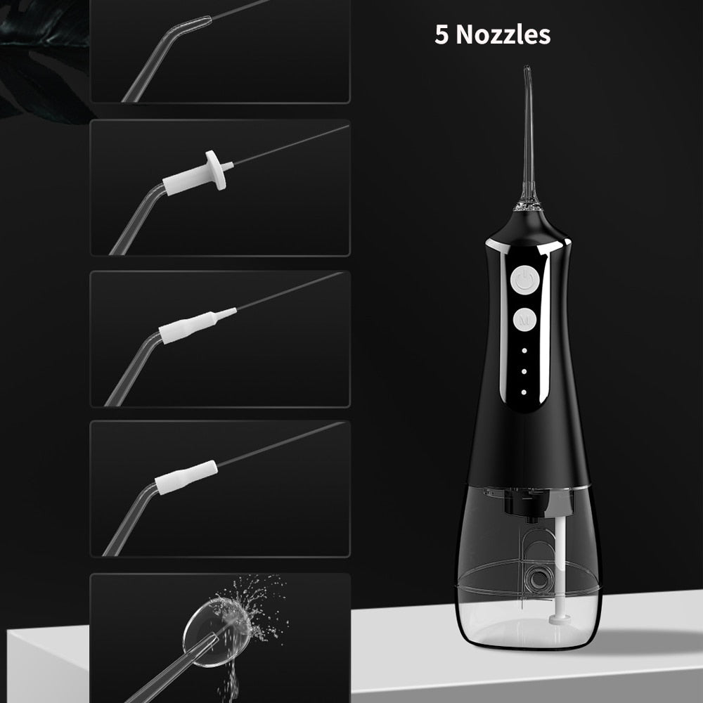 Portable Oral Irrigator Dental Water Flosser with multiple nozzles and USB charging cable, designed for effective oral hygiene.