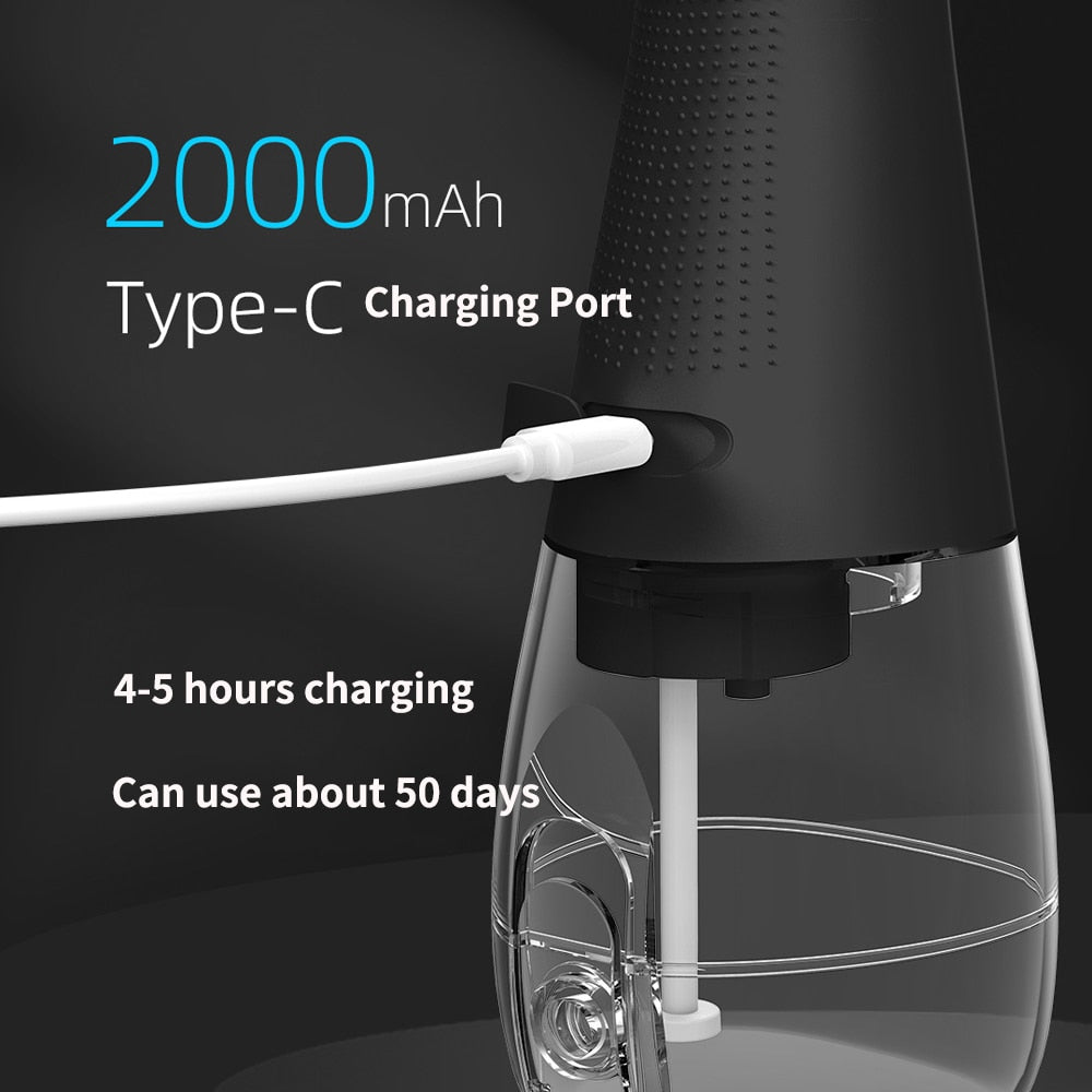 Portable Oral Irrigator Dental Water Flosser with multiple nozzles and USB charging cable, designed for effective oral hygiene.