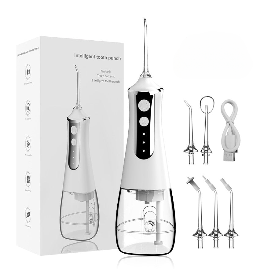 Portable Oral Irrigator Dental Water Flosser with multiple nozzles and USB charging cable, designed for effective oral hygiene.