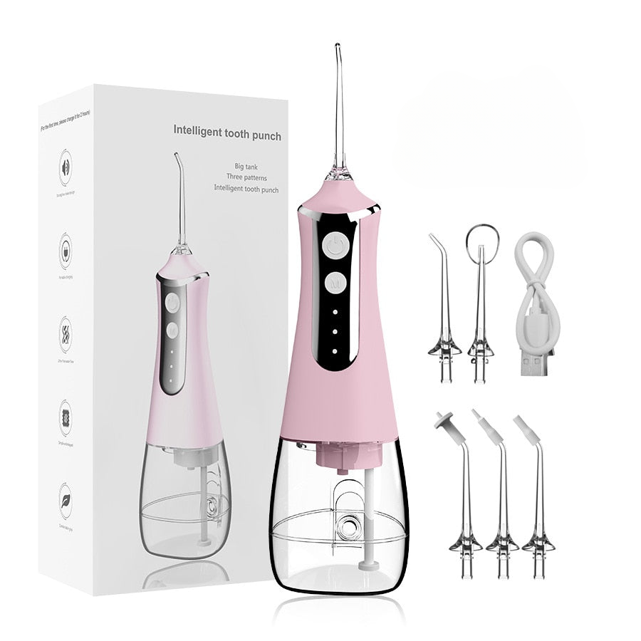 Portable Oral Irrigator Dental Water Flosser with multiple nozzles and USB charging cable, designed for effective oral hygiene.