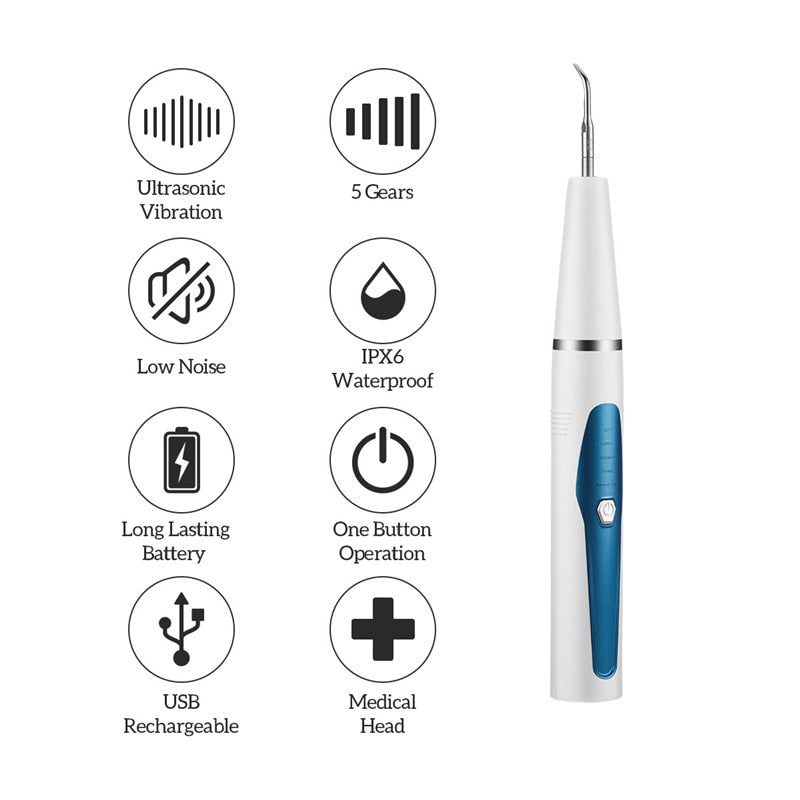 Portable Ultrasonic Dental Scaler with stainless steel cleaning head and ergonomic design for effective tooth cleaning.