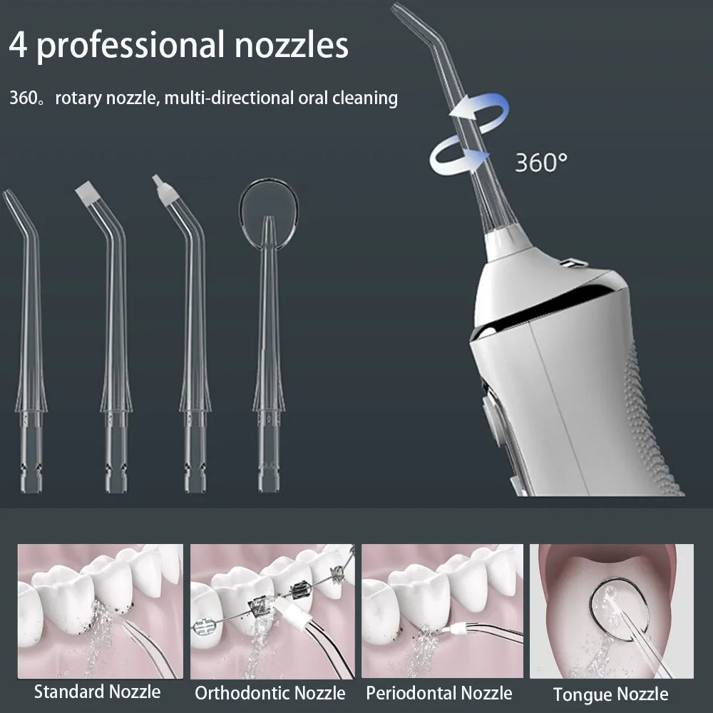 Portable Water Flosser with digital screen, 5 modes, and 360° rotating nozzle for effective dental care.