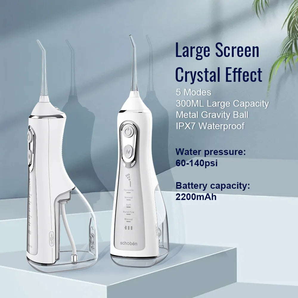Portable Water Flosser with digital screen, 5 modes, and 360° rotating nozzle for effective dental care.