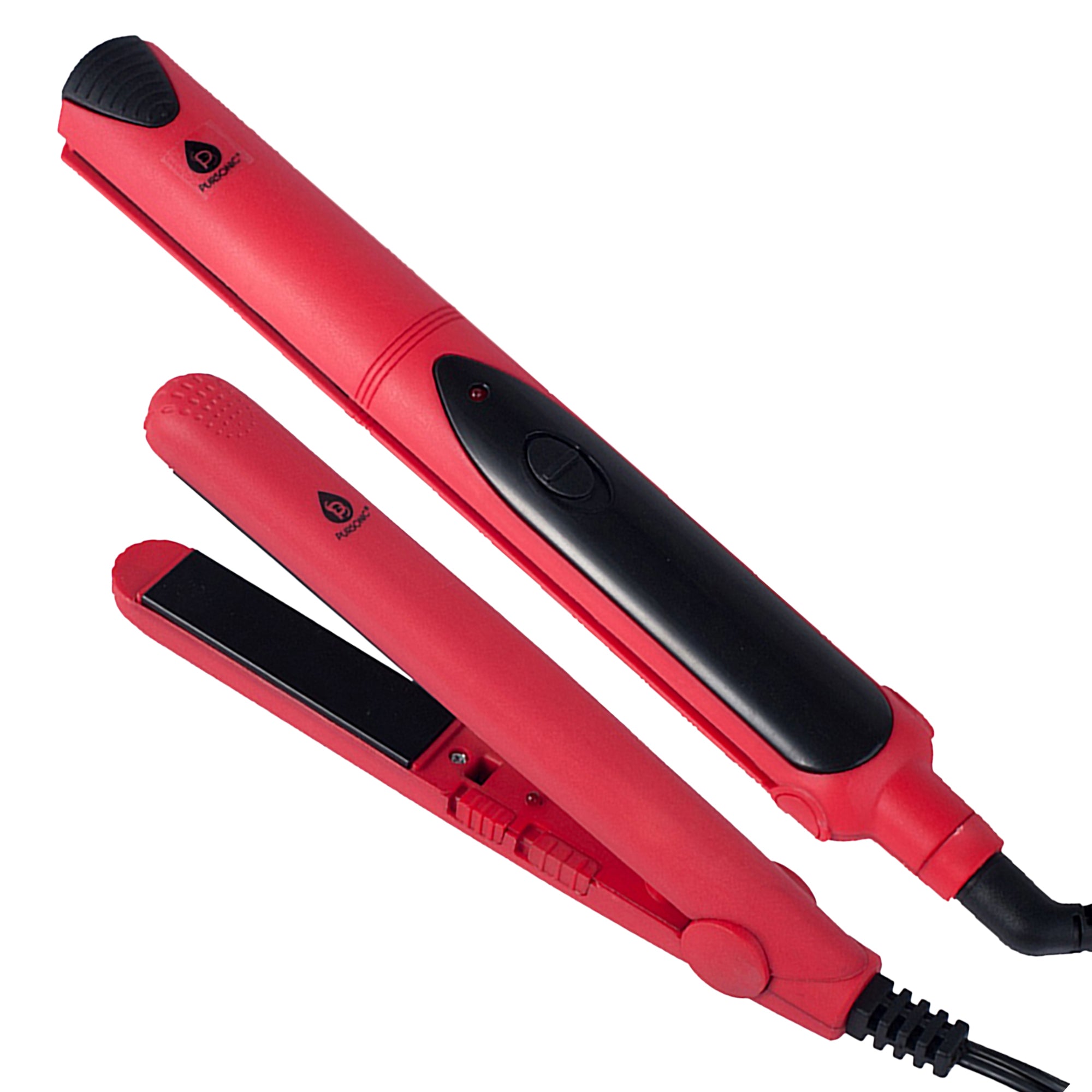 Professional Salon Quality Flat Iron Hair Straightener with digital display and ceramic coated plates, includes a mini travel straightener.
