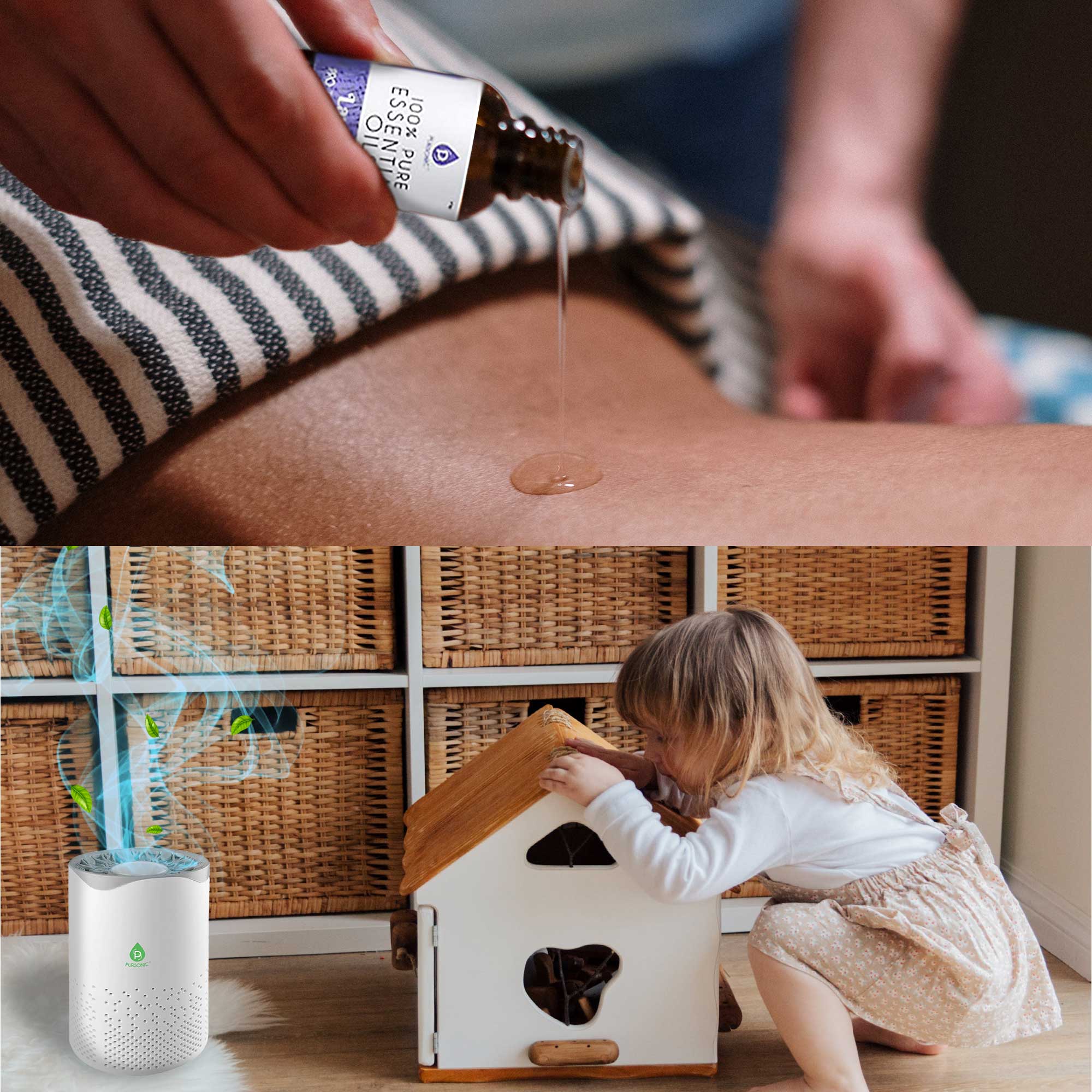 Pursonic Air Purifier with a sleek design and a collection of six essential oils, showcasing its modern features and aromatic benefits.