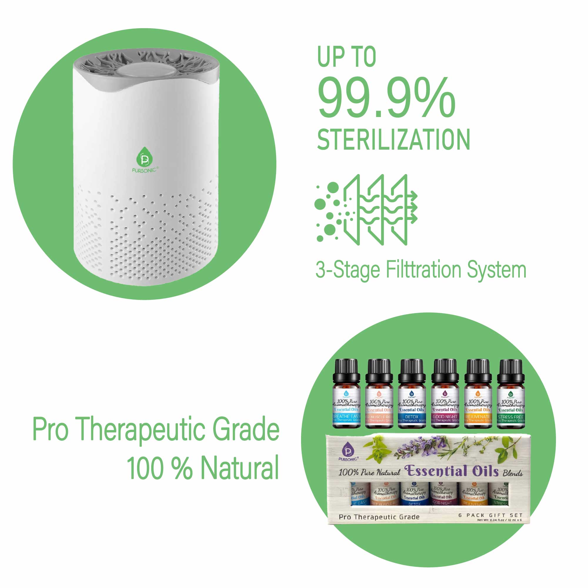 Pursonic Air Purifier with a sleek design and a collection of six essential oils, showcasing its modern features and aromatic benefits.