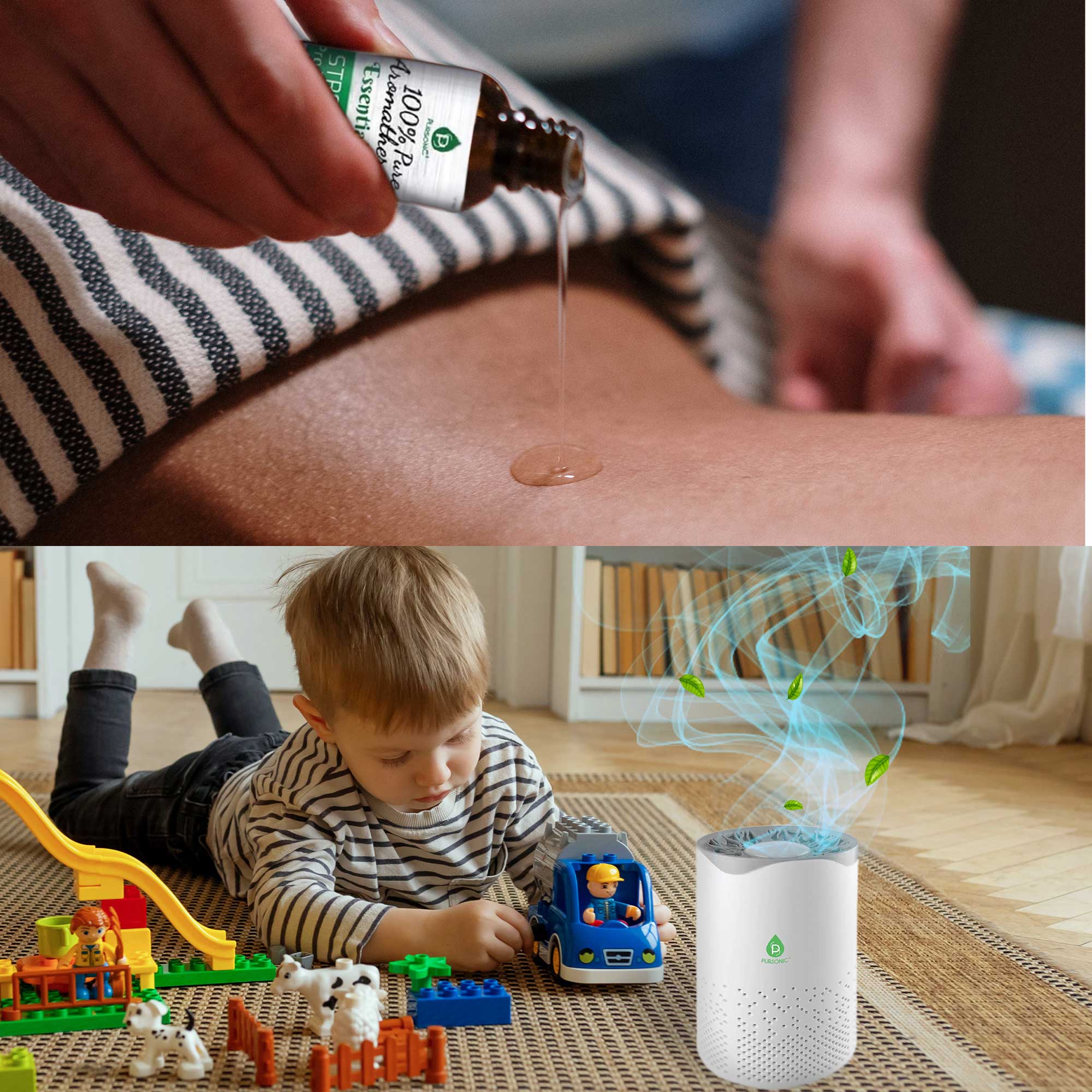 Pursonic Air Purifier with a sleek design and a collection of six essential oils, showcasing its modern features and aromatic benefits.