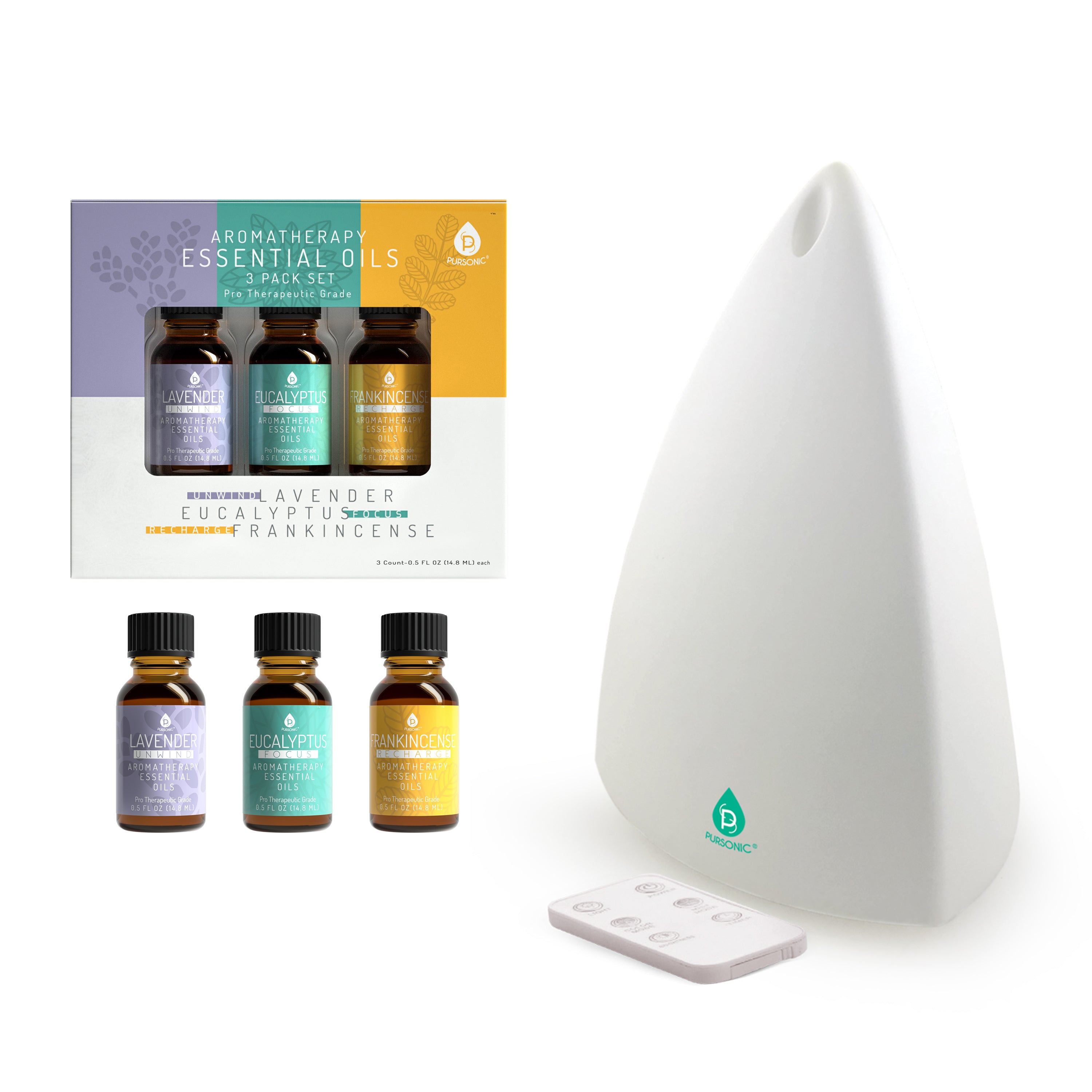 Pursonic Aromatherapy Diffuser with essential oil set, featuring a sleek design and colorful LED lights.